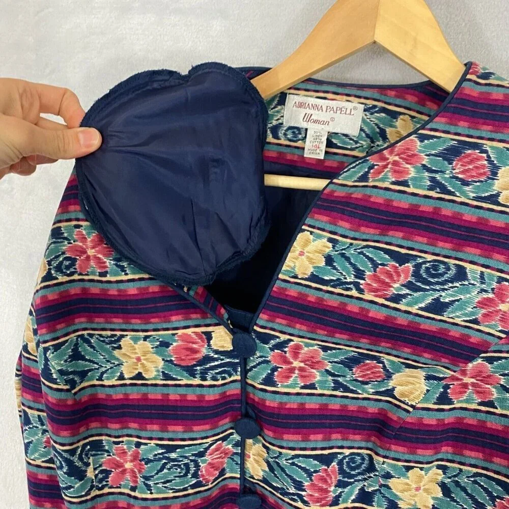 Vintage‎ Adrianna Papell Linen Blend Jacket Womens 14L Floral Stripe Retro 80s